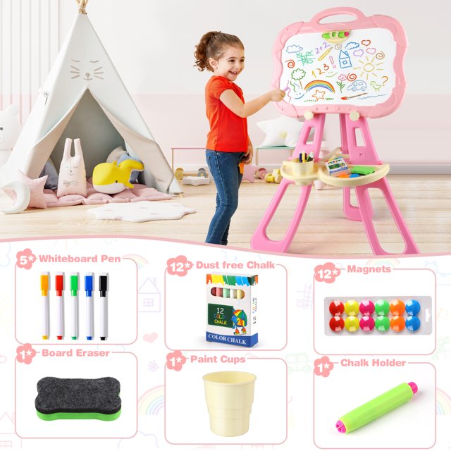 Art Easel for Kids, Magnetic Rotatable Double Sided Standing Easel, Painting Accessories for Kids, Drawing Set Toy Christmas Birthday Gifts for 3,4,5,6,7,8 Years Old Boy&Girls(Pink