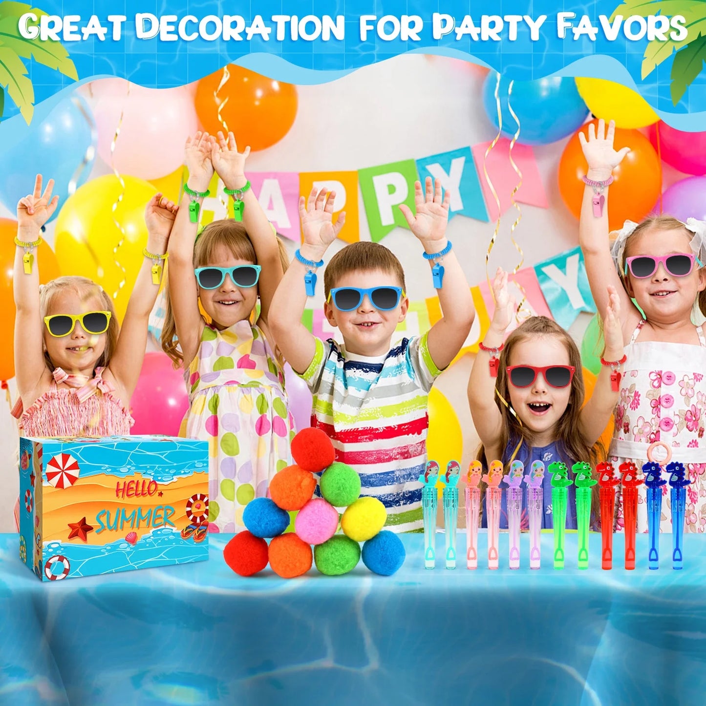 Pool Party Favor for Kids Ages 3-12, 60PCS Summer Pool/Beach Outdoor Toys with Bubble Wand, Sunglasse, Soft Water Balls, Pool Water Balls and Whistle.