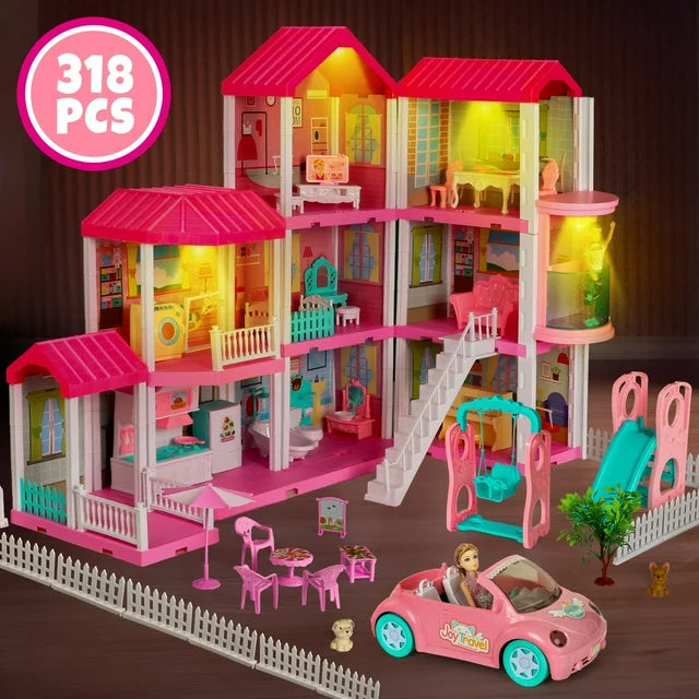 318Pcs Doll House for Girls, Princess Playhouse w/ 2 Dolls, Cars, Elevator, Pretend Play Set Doll Furniture Accessories, Princess Toy Birthday Christmas Gift for Toddlers 3 4 5 6+