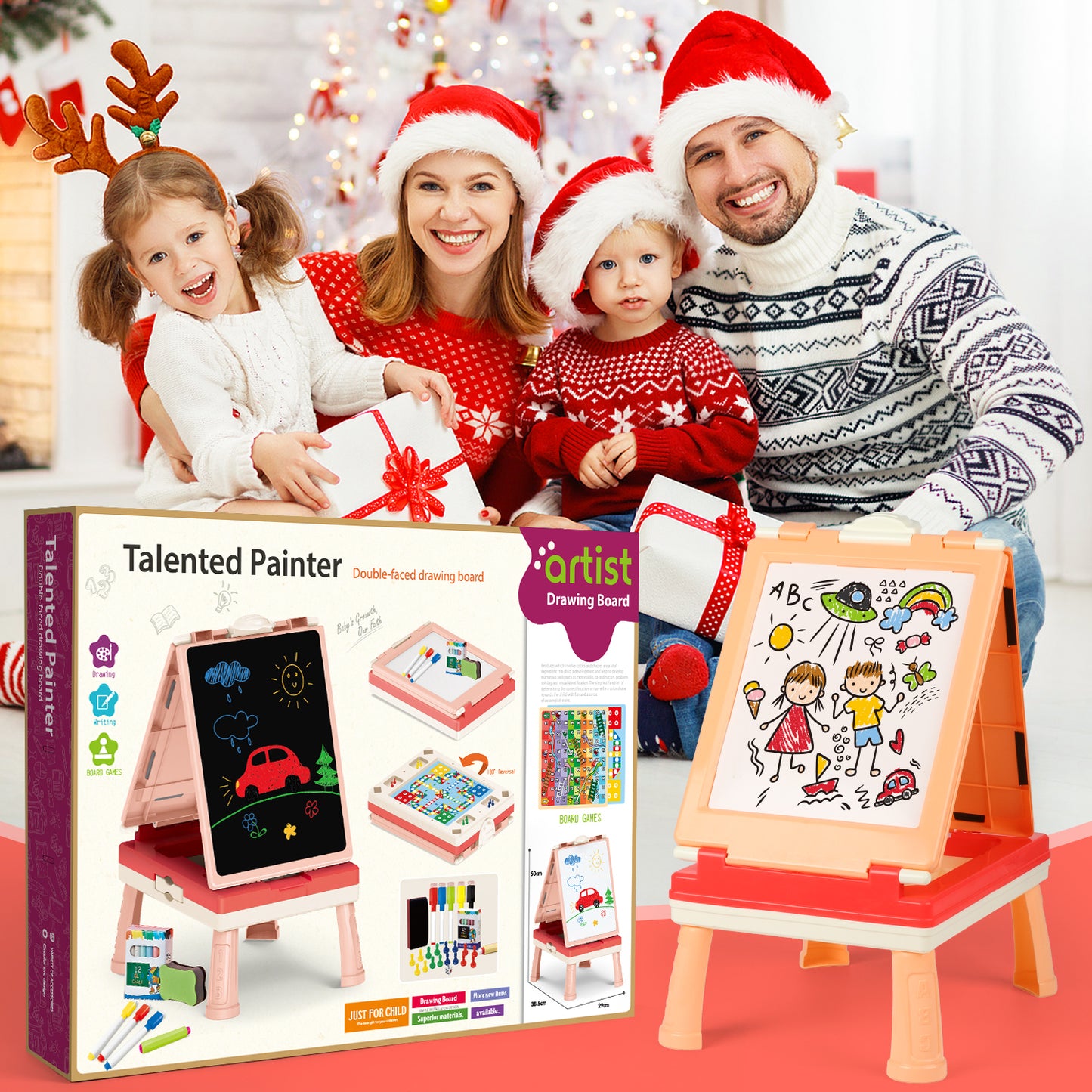 Easel for Kids, Toddlers' Double Sides Drawing Board with Blackboard & Whiteboard, Carry Case, Pink, Board Game,Birthday Christmas Gift for Kids Girls Boys 3-5 Years Old.(20"×11.5"×15.2")