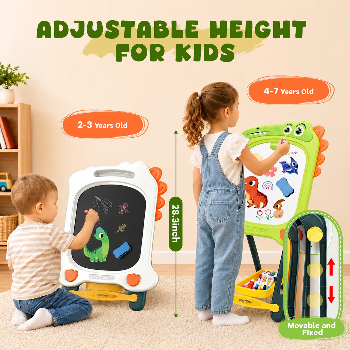 Kids Art Easel Double-Sided Magnetic Drawing Board with Whiteboard Chalkboard Letters Numbers and Storage Tray, Dinosaur Toddler Easel