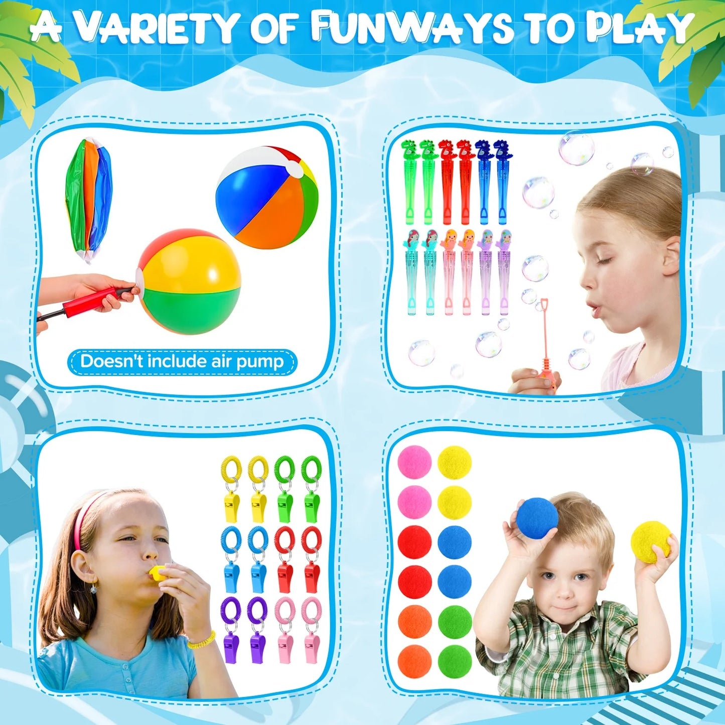 Pool Party Favor for Kids Ages 3-12, 60PCS Summer Pool/Beach Outdoor Toys with Bubble Wand, Sunglasse, Soft Water Balls, Pool Water Balls and Whistle.
