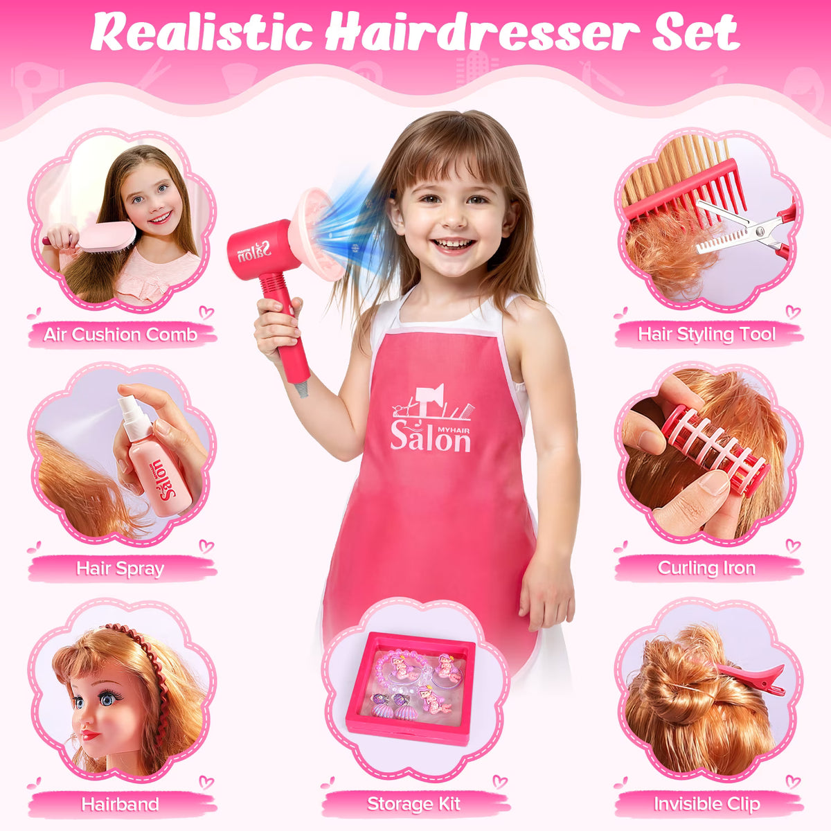 49PCS Hair Salon Toys for Girls 3-6-8-12 Years, Pink Makeup Stylist Kit with Hair Dryer.