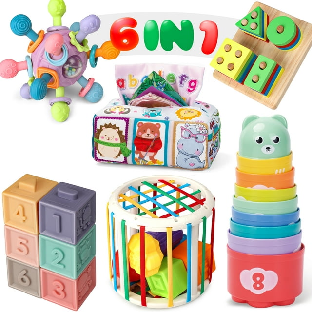 6 in 1 Montessori Toys for Babies 6-12 Months, Soft Baby Teething Toys, Sensory Shape Sorter Bin, Soft Stacking Blocks & Cups, Wooden Sorting Toys for Toddler