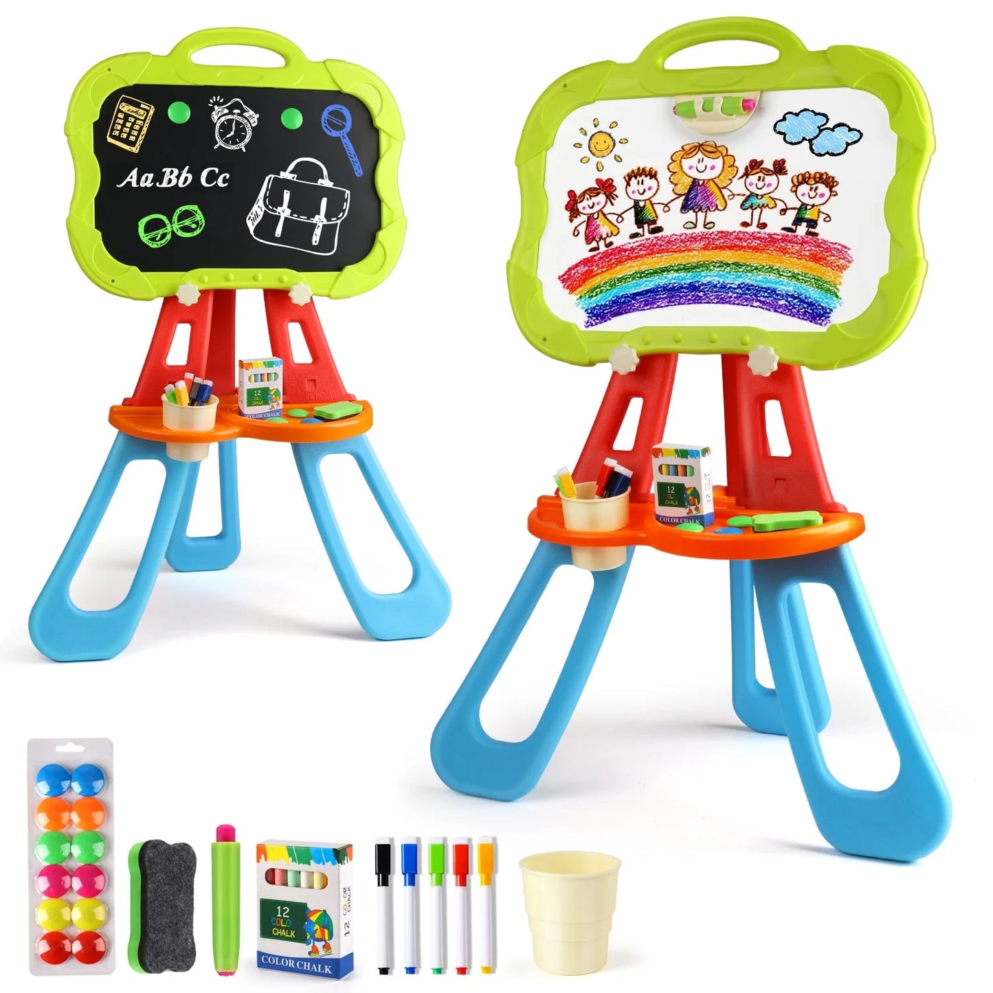 Flip-Over Double-Sided Kids Art Easel, Standing Art Easel for Toddler, Double Magnetic Drawing Board with Painting Accessories, Birthday Christmas Gift for 3,4,5,6+ Little Boys and Girls-Blue