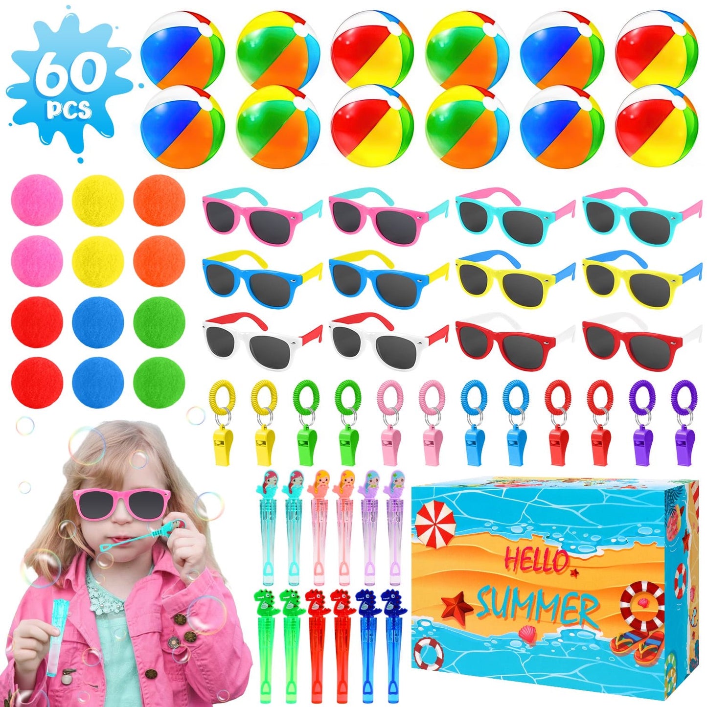 Pool Party Favor for Kids Ages 3-12, 60PCS Summer Pool/Beach Outdoor Toys with Bubble Wand, Sunglasse, Soft Water Balls, Pool Water Balls and Whistle.