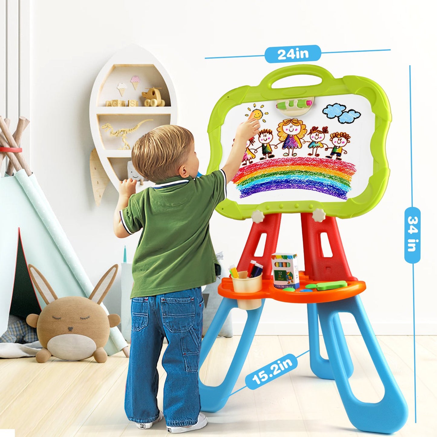 Flip-Over Double-Sided Kids Art Easel, Standing Art Easel for Toddler, Double Magnetic Drawing Board with Painting Accessories, Birthday Christmas Gift for 3,4,5,6+ Little Boys and Girls-Blue