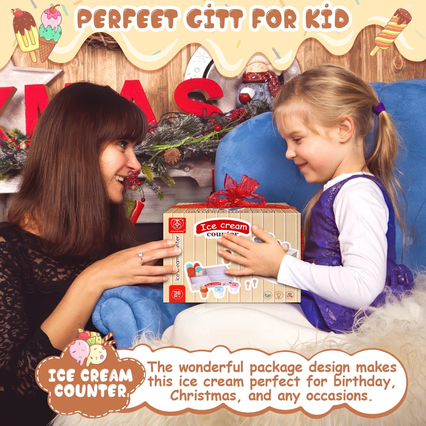 Wooden Ice Cream Set, Play Food Toys for Girl Ages 3 4 5 6 Years, Birthday Christmas Gift for Girls.