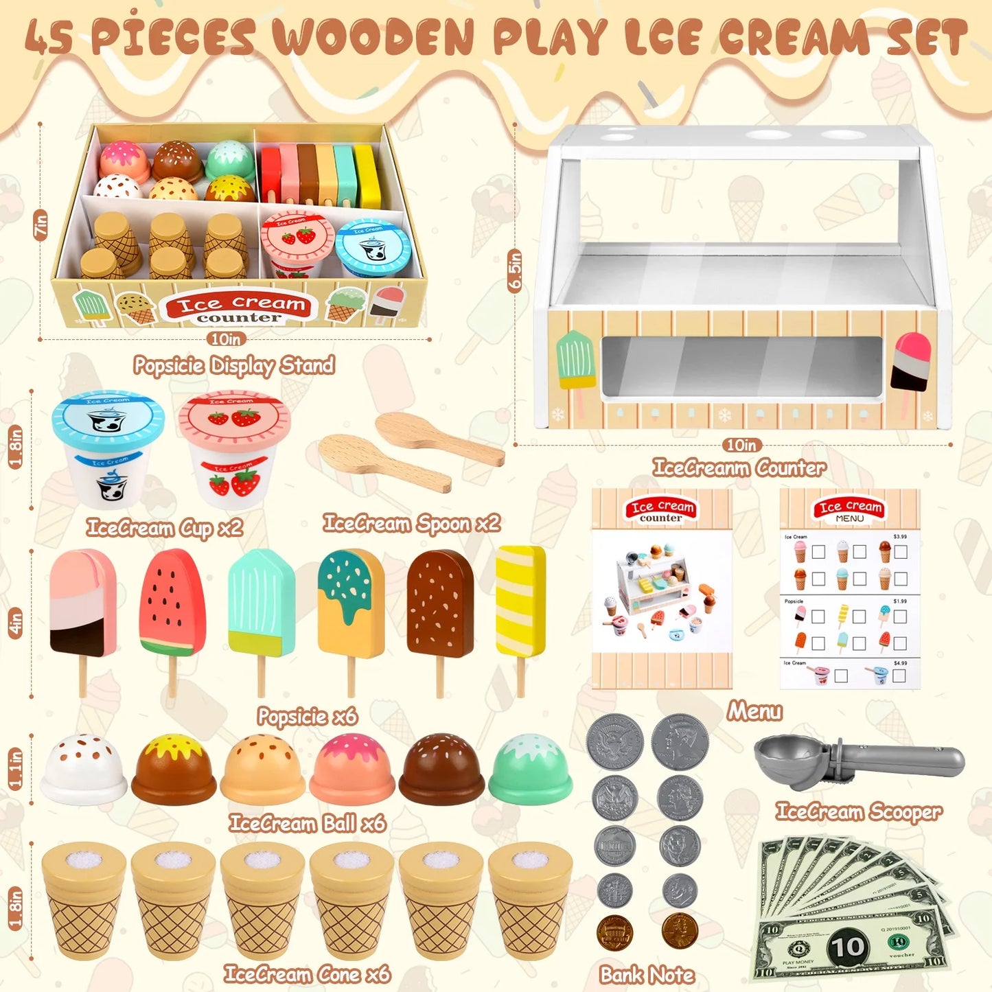 Wooden Ice Cream Set, Play Food Toys for Girl Ages 3 4 5 6 Years, Birthday Christmas Gift for Girls.