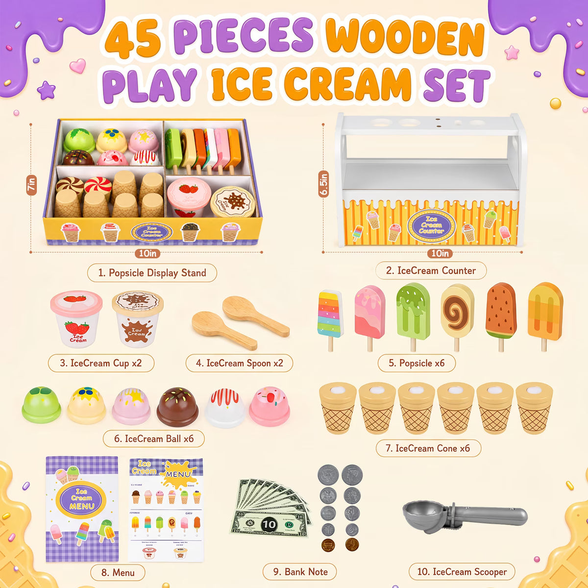 Wooden Ice Cream Set, Play Food Toys for Girl Ages 3 4 5 6 Years, Birthday Gift for Girls.