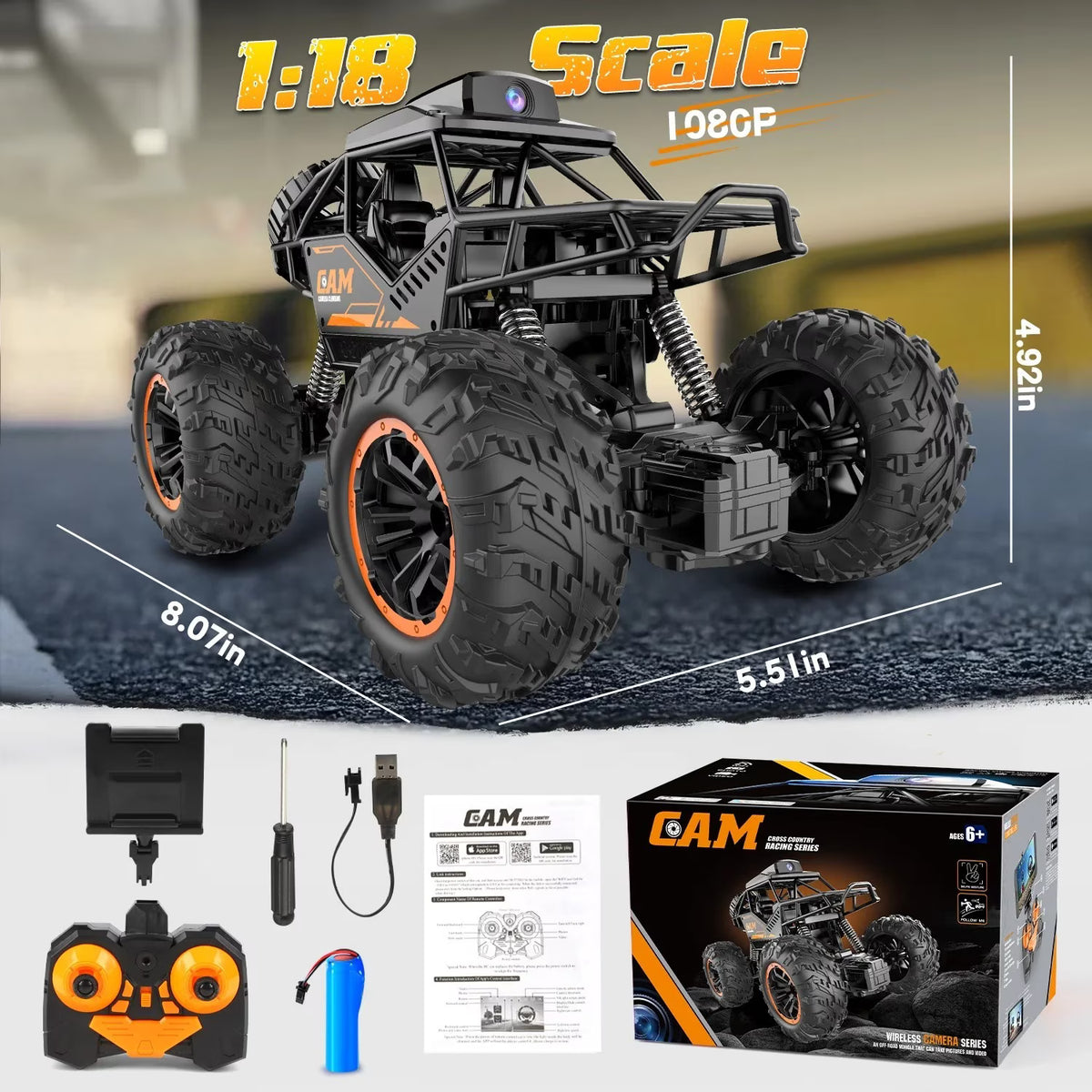 RC Car, Toys for Boy 8 to 11 Years, 1:18 Remote Control Monster Truck with 1080P HD Camera, 4WD 2.4Ghz Alloy RC Monster Truck Toys for Kids Boys Teens Adults Birthday Gifts.