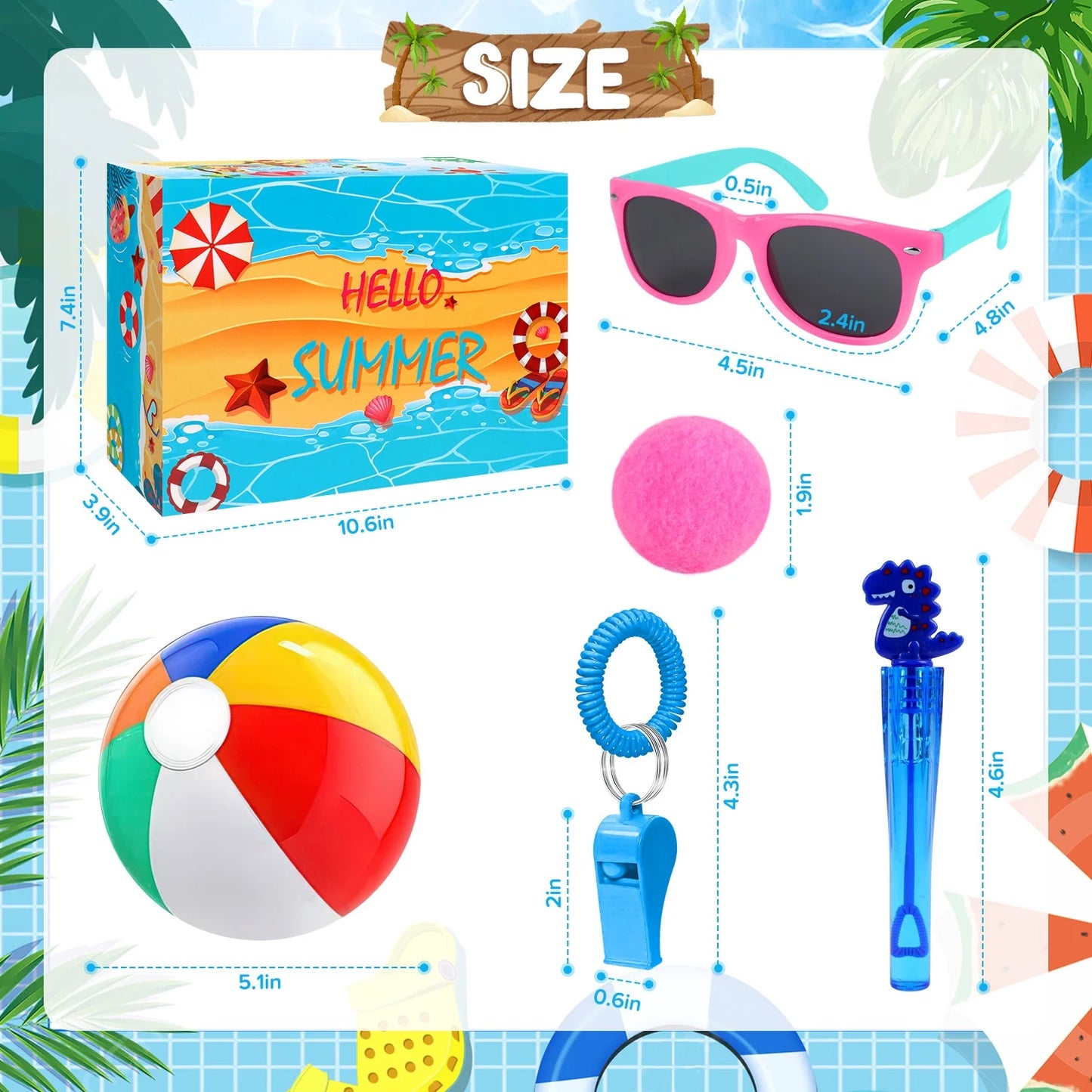 Pool Party Favor for Kids Ages 3-12, 60PCS Summer Pool/Beach Outdoor Toys with Bubble Wand, Sunglasse, Soft Water Balls, Pool Water Balls and Whistle.