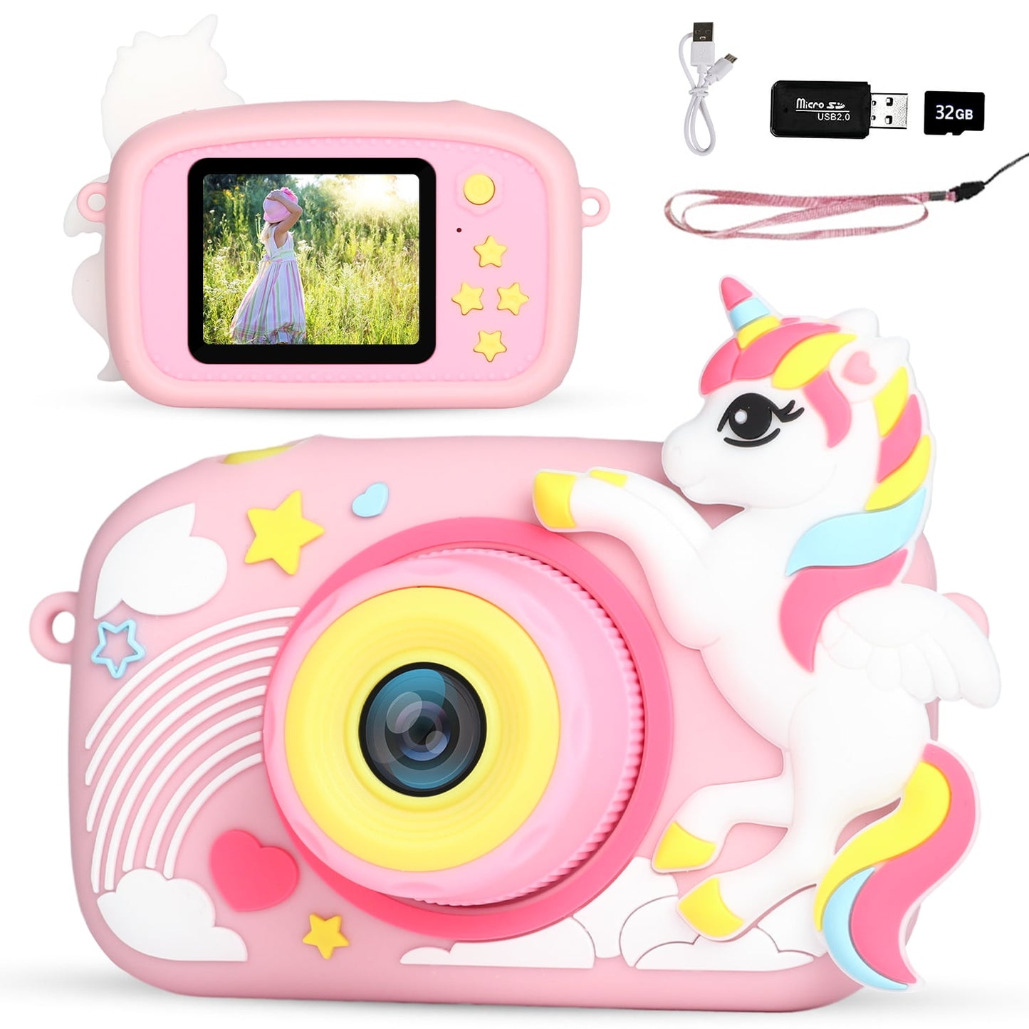 Kids Digital Camera, HD Video Camera With 32GB SD Card, Mini Rechargeable Toy Camera With Unicorn Protective Silicone Cover, Birthday Gift For Girls Ages 3-12(Pink)