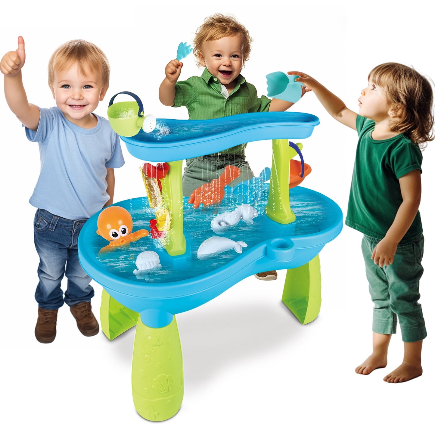 Water Activity Table for Toddlers,2-Tier Rain Showers Splash Pond Water Table Beach Summer Outdoor Toys for Toddlers 1-3