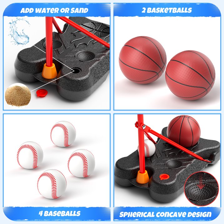 3-in-1 Toddler Basketball Hoop& Baseball& T-Ball Set for Toddlers 3 4 5 6 7 8+ Years Old, Toddler Outdoor& Indoor Toys, Kids Sports Set Gift for 3-12 Years Old Boys, Birthday