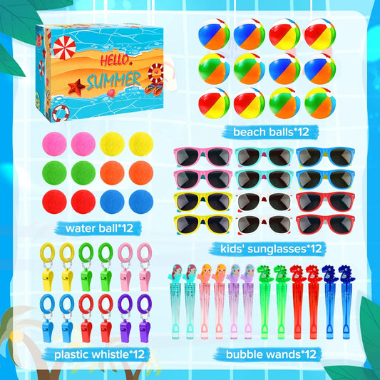 Pool Party Favor for Kids Ages 3-12, 60PCS Summer Pool/Beach Outdoor Toys with Bubble Wand, Sunglasse, Soft Water Balls, Pool Water Balls and Whistle.