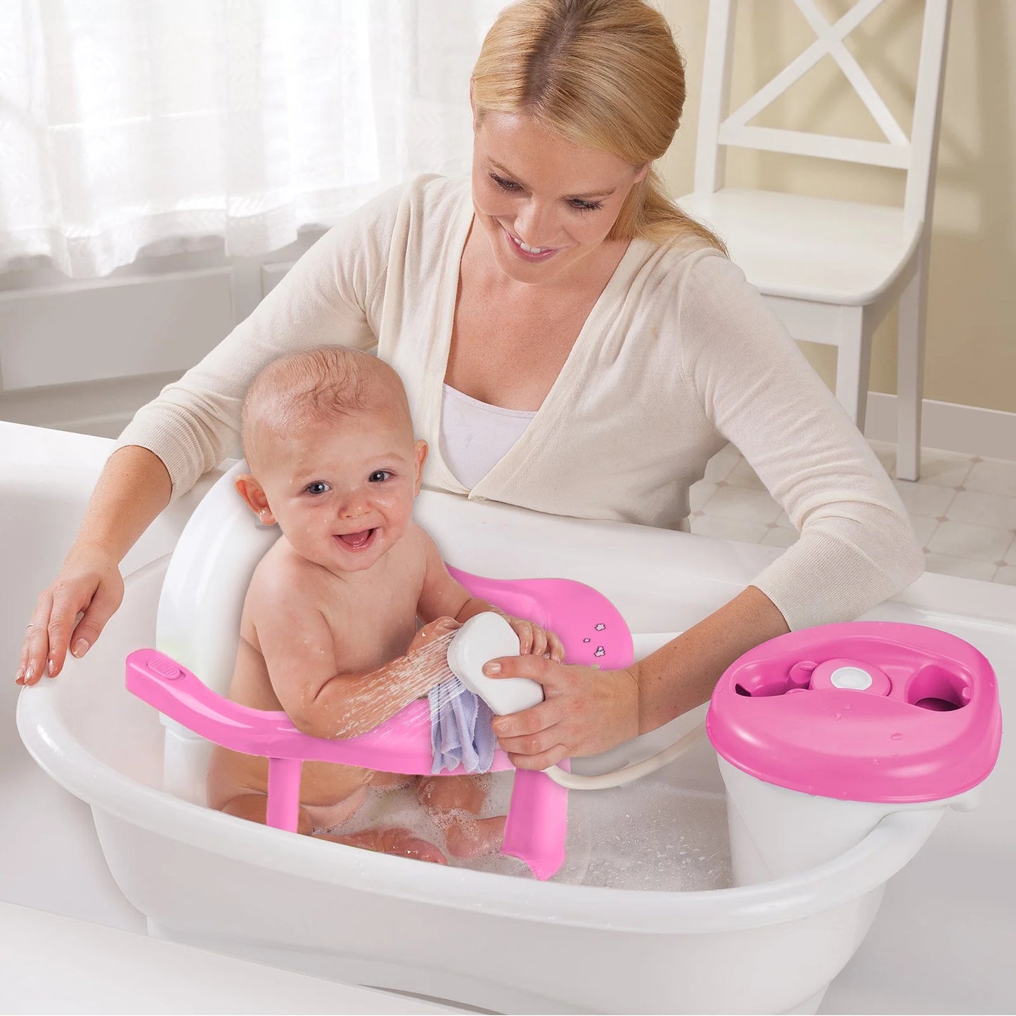 Bath Seat/Chair with Non-Slip Mat Pink and White, Foldable Bath Tub Chair with Suction Cups, Gift for Toddlers 6 9 12 18 Months.