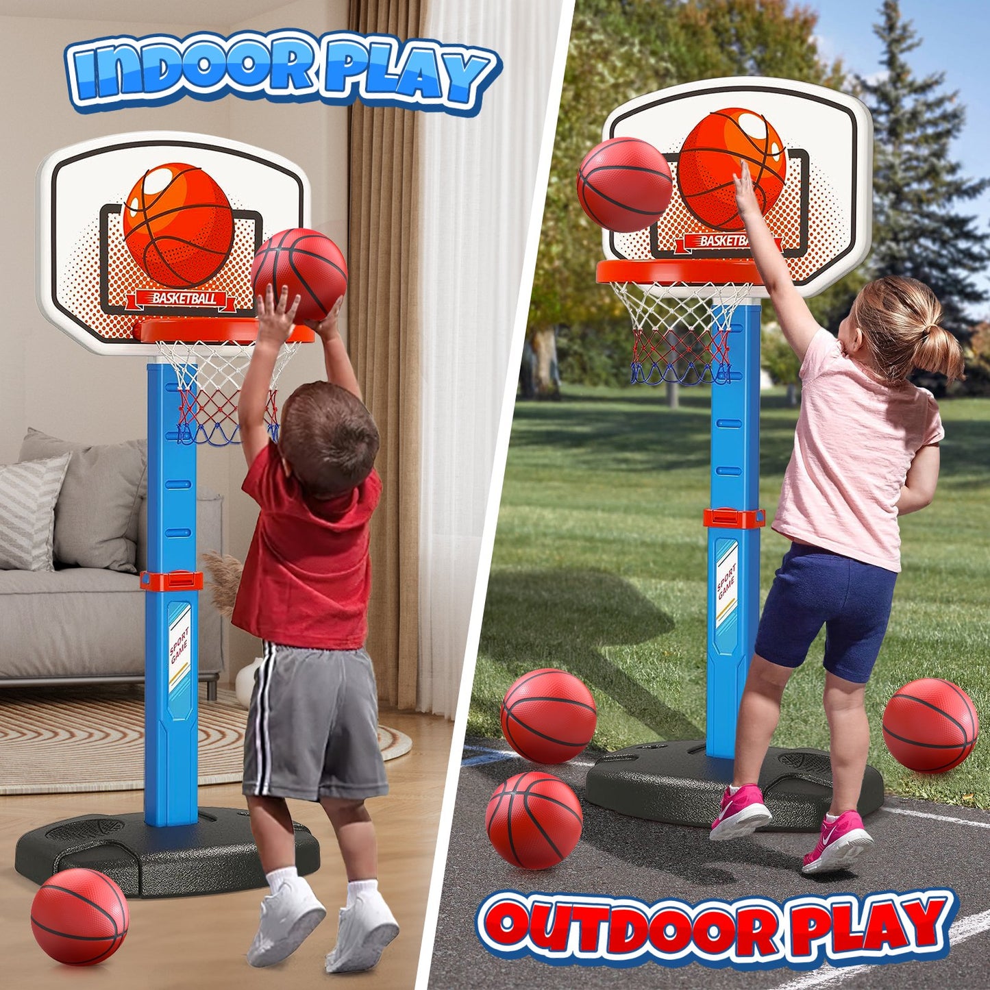 Toddler Basketball Hoops with 4 Balls, Adjustable Height Stand Basketball Toy w/ Ball Pump for Kids, Indoor/Outdoor Poolside Basketball Goal, Birthday Christmas Gift for Boys Girls 3 4 5 6+