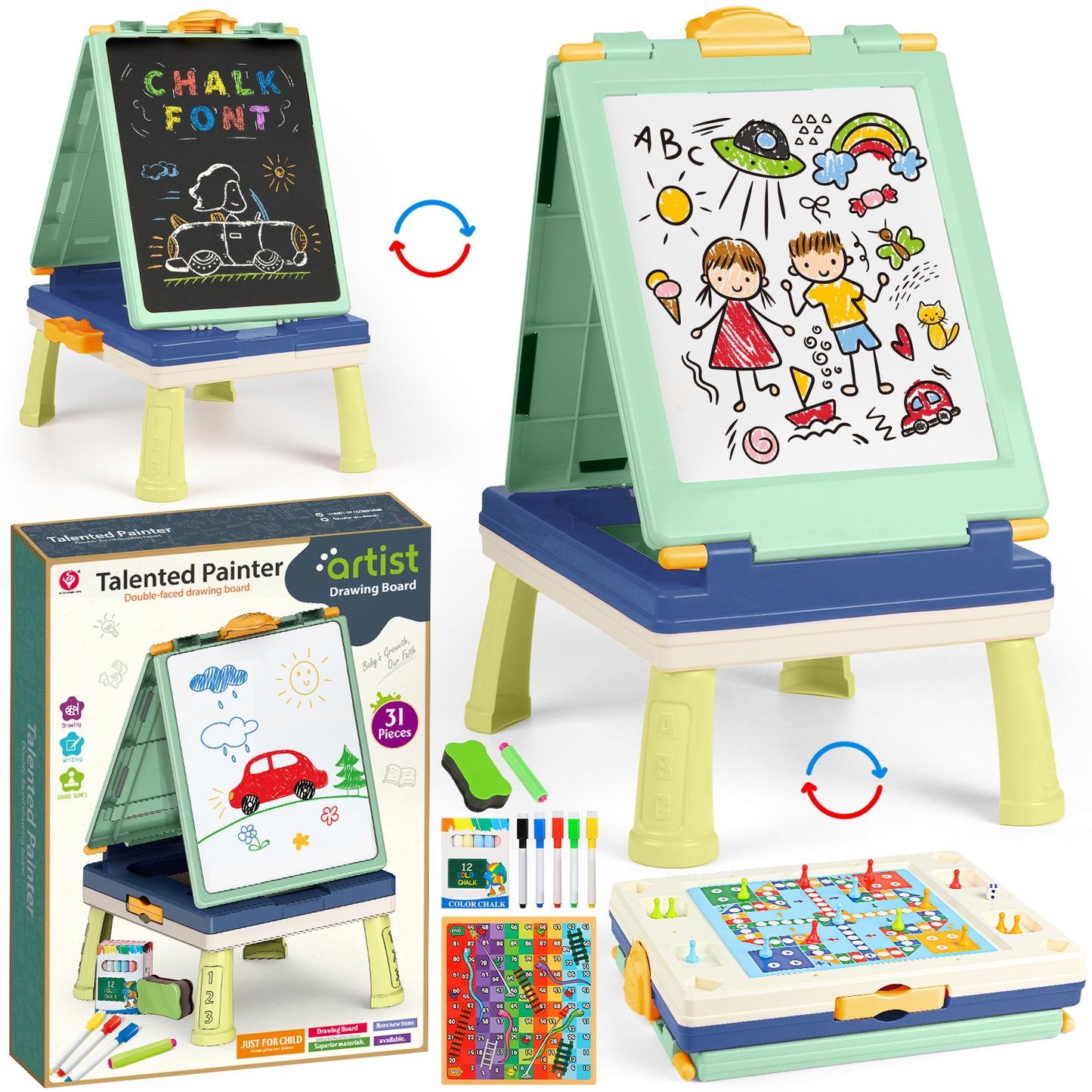 Easel for Kids, Toddlers' Double Sides Drawing Board with Blackboard & Whiteboard, Carry Case，Green, Board Game,Birthday Christmas Gift for Kids Girls Boys 3-5 Years Old.(20"×11.5"×15.2")