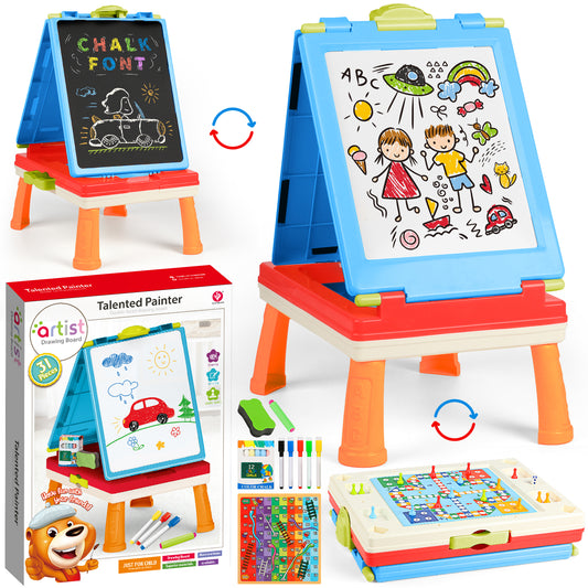 Easel for Kids, Toddlers' Double Sides Drawing Board with Blackboard & Whiteboard, Carry Case, Blue, Board Game,Birthday Christmas Gift for Kids Girls Boys 3-5 Years Old.(20"×11.5"×15.2")