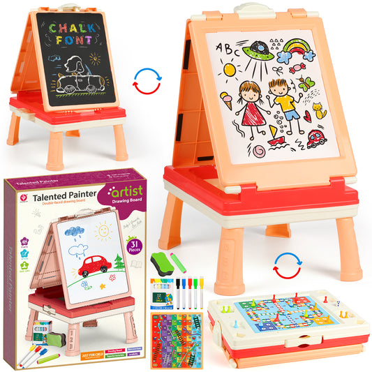 Easel for Kids, Toddlers' Double Sides Drawing Board with Blackboard & Whiteboard, Carry Case, Pink, Board Game,Birthday Christmas Gift for Kids Girls Boys 3-5 Years Old.(20"×11.5"×15.2")