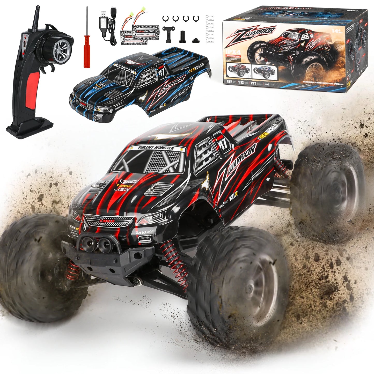 1:12 Scale Remote Control Truck, 4WD High Speed 42+ Kmh All Terrains Electric Toy Off Road RC Vehicle Car Crawler with 2 Rechargeable Batteries, Christmas Gifts for Boys Kids 8-11 12+ & Adults