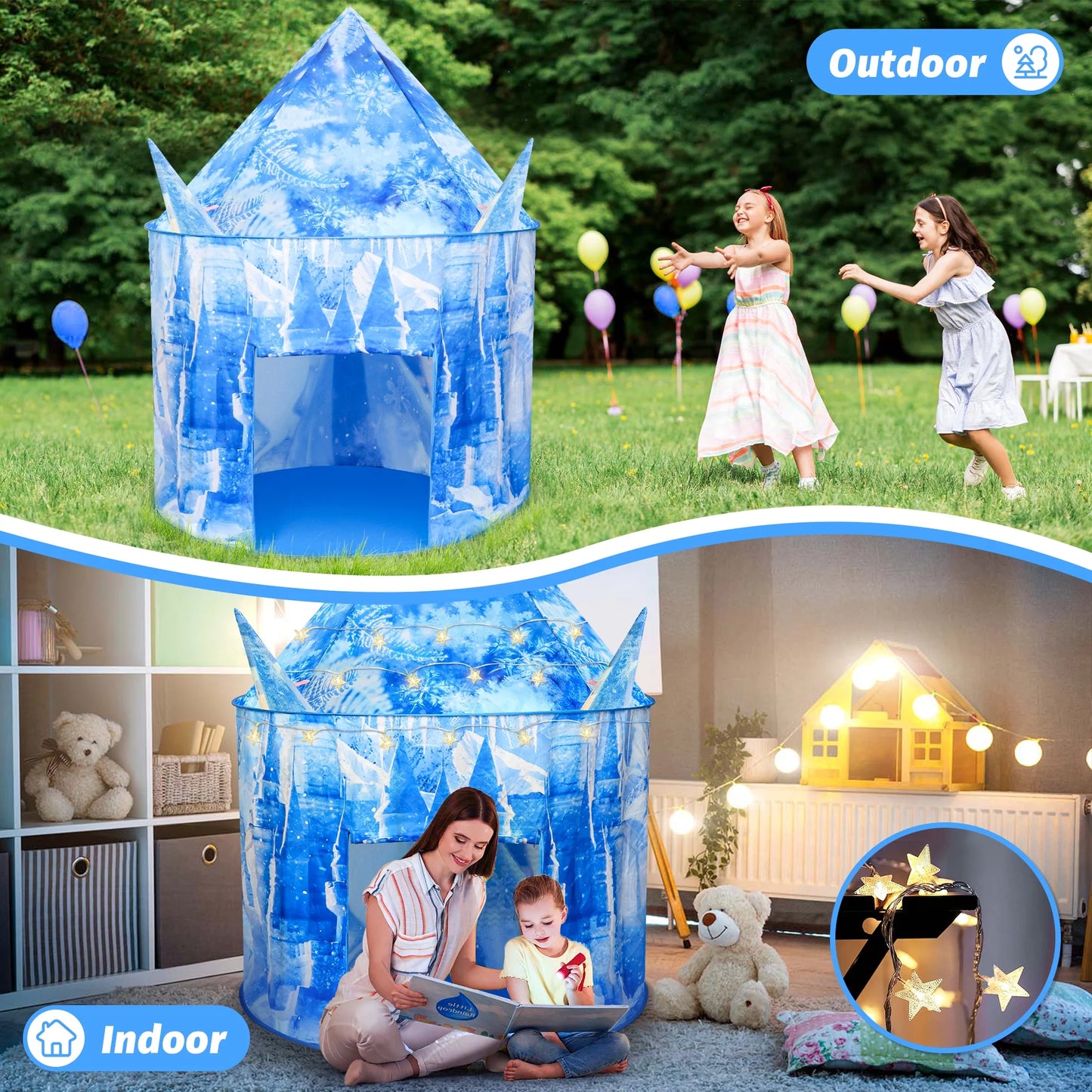 Play Tent for Girls, 53 inch Light up Frozen Ice Castle Playhouse w/ Windows &Doors, Girls Christmas Gift Toy for Indoor/Outdoor Use, Birthday Party Gift for Kids 3 4 5-7 8