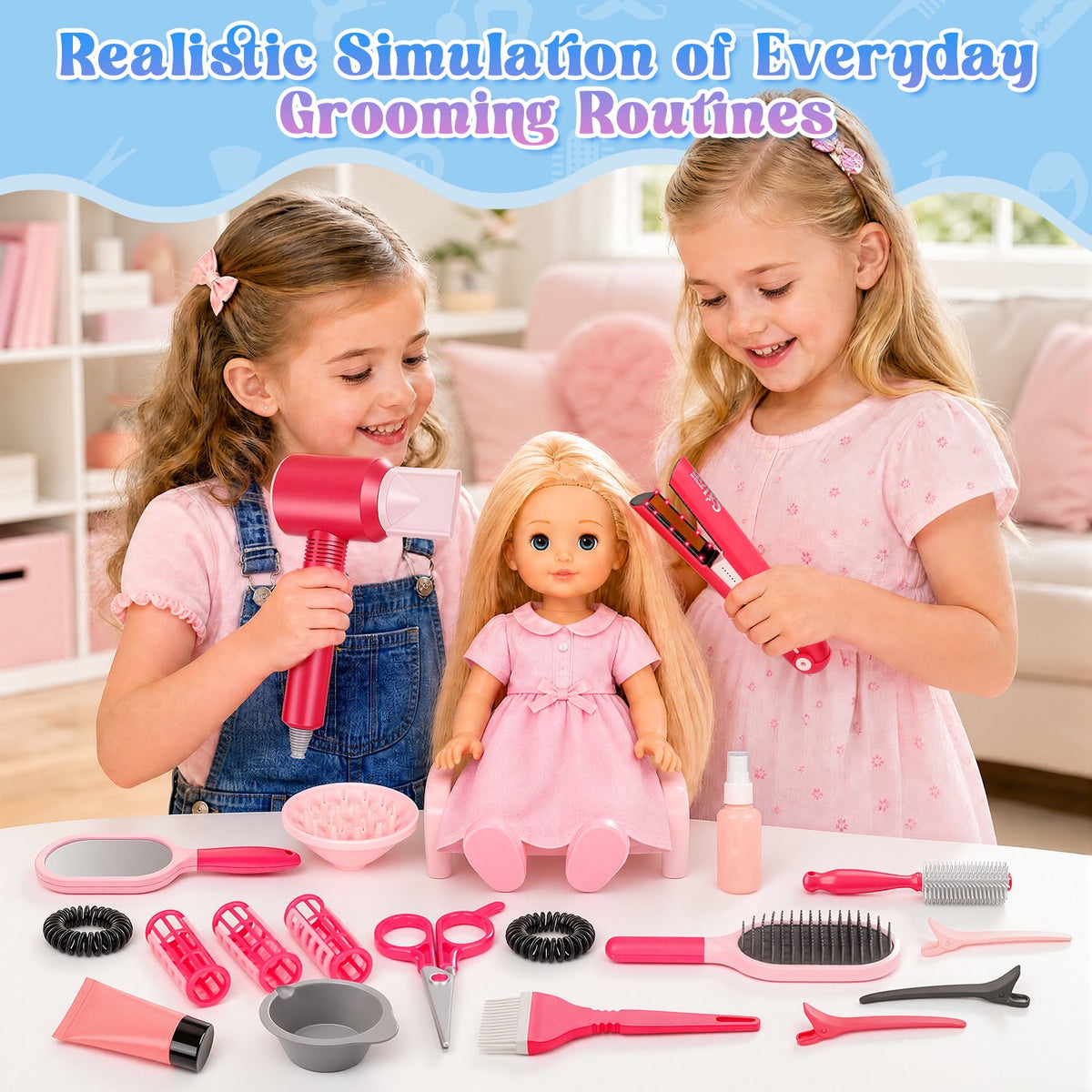 Kids Hair Salon Playset, Pretend Beauty Set with Toy Hair Dryer, Toy Straightener, Comb, Mirror and Styling Accessories for Kids Ages 3+
