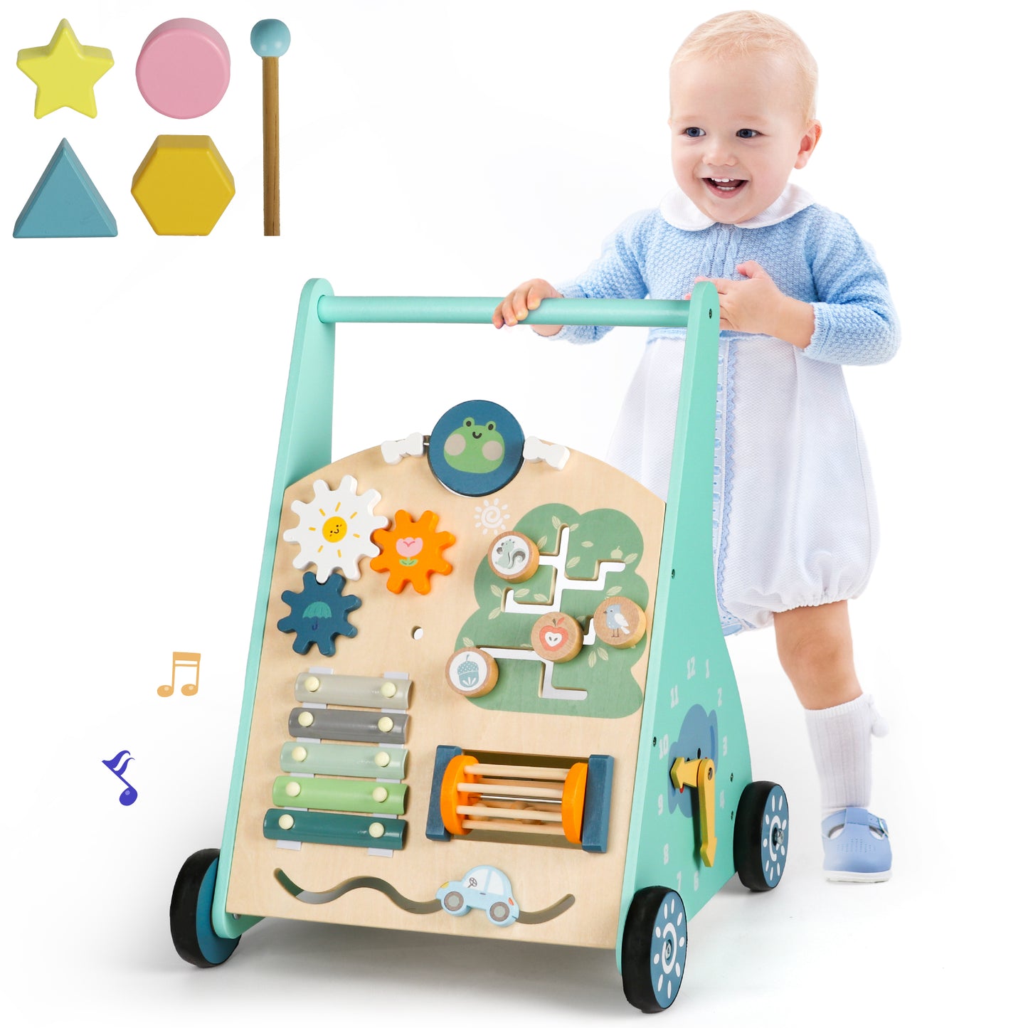 Wooden Baby Push Walker with Wheels, Baby Walking Toys for 12 18 24+ Months with Activity Center Toys, Push Toys for Baby Boys and Baby Girls Learning to Walk.