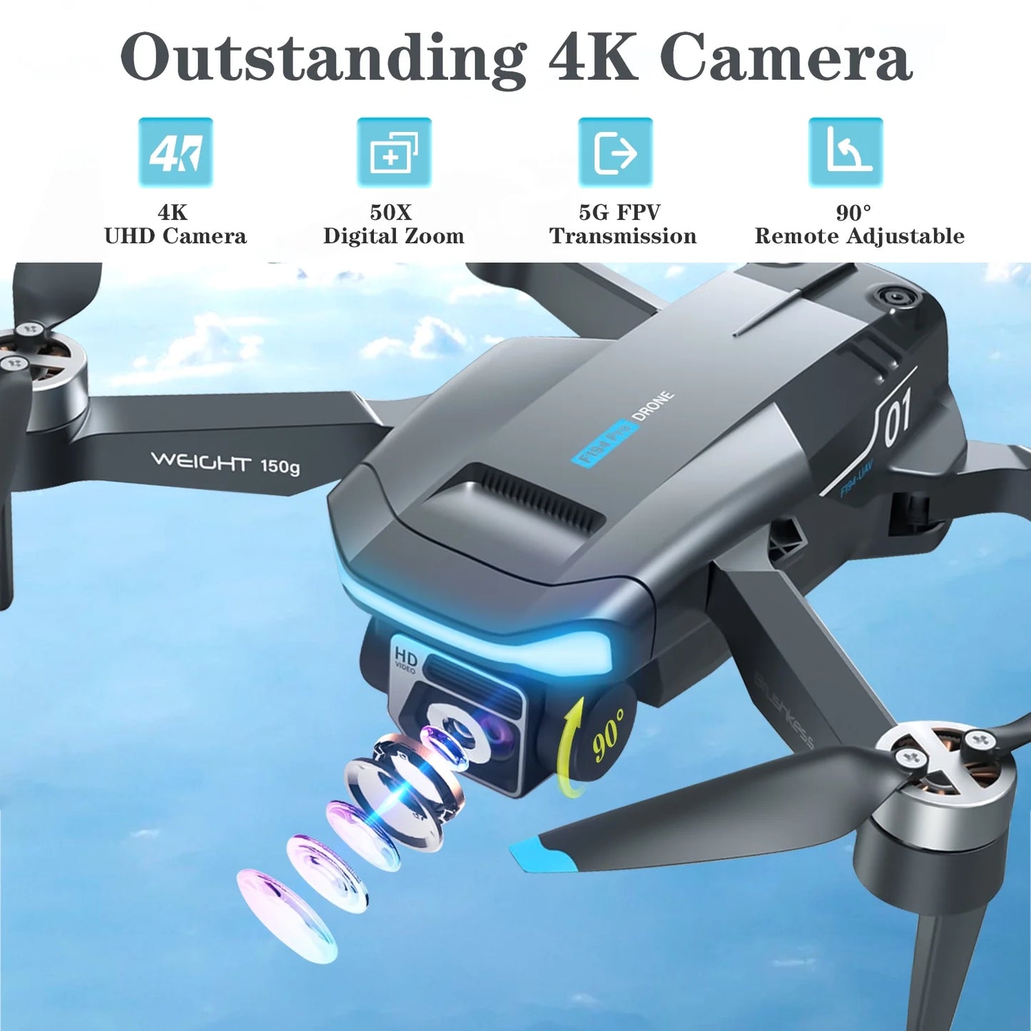 GPS Drones with Camera 4K for Adults, F194 1080HD Foldable Lightweigh Drones Quadcopter(150g) for Beginner and Adults, Follow Me, 2 Battery.