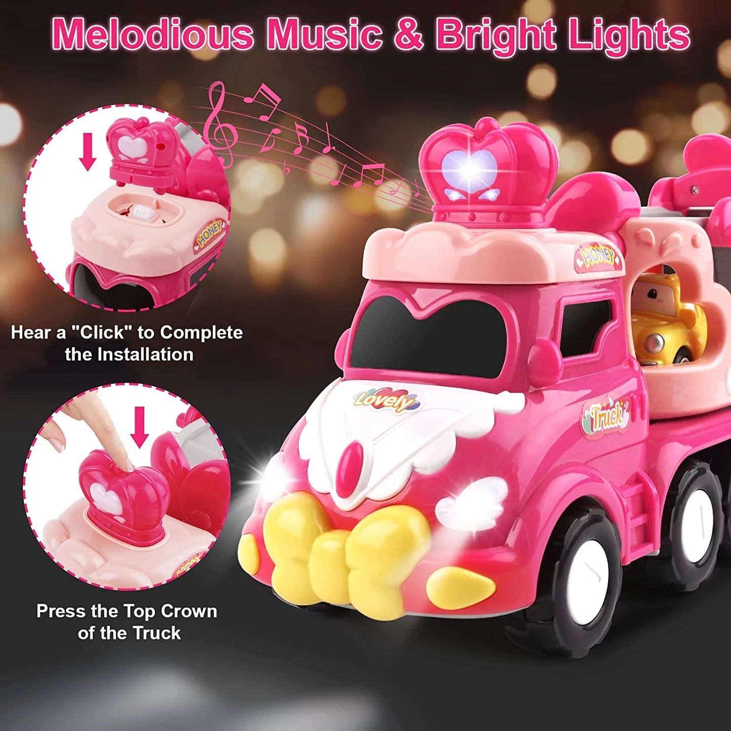 5 in 1 Carrier Car Toy Set, Pink Princess Toys for Girl Toddler Kid, Child Play Birthday Gift Christmas Party Favors