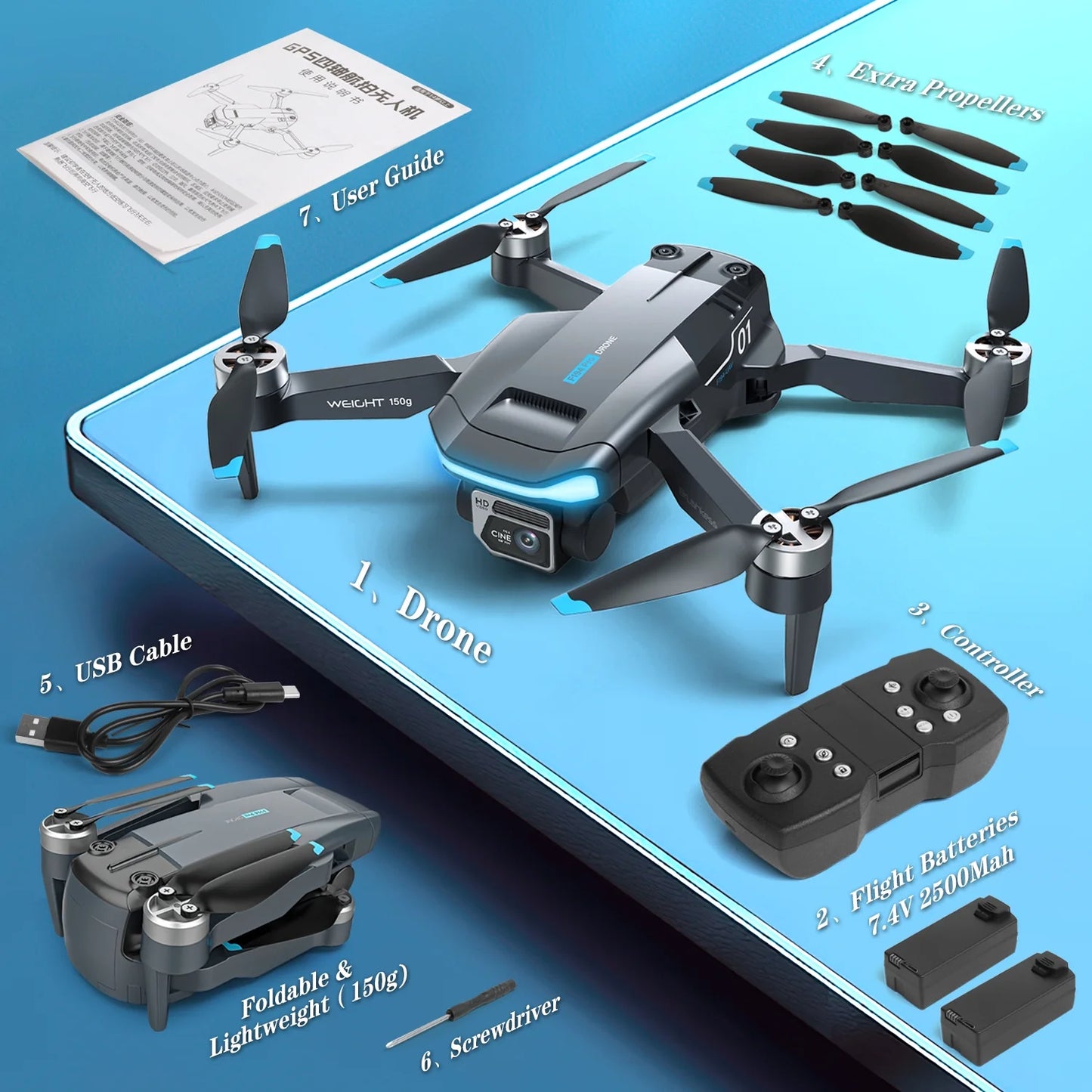 GPS Drones with Camera 4K for Adults, F194 1080HD Foldable Lightweigh Drones Quadcopter(150g) for Beginner and Adults, Follow Me, 2 Battery.