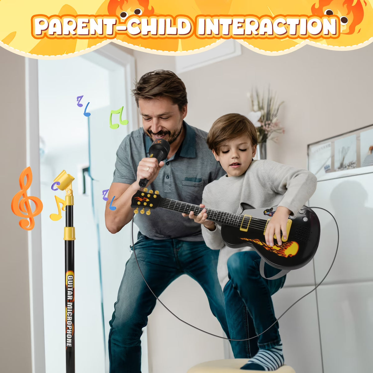 Toddler Guitar, Cool Black Toy Guitar for Kids Boys Ages 3 4 5 6 Years, with Microphone and Adjustable Stand, Musical Instrument Christmas &Birthday Gift for Boys.
