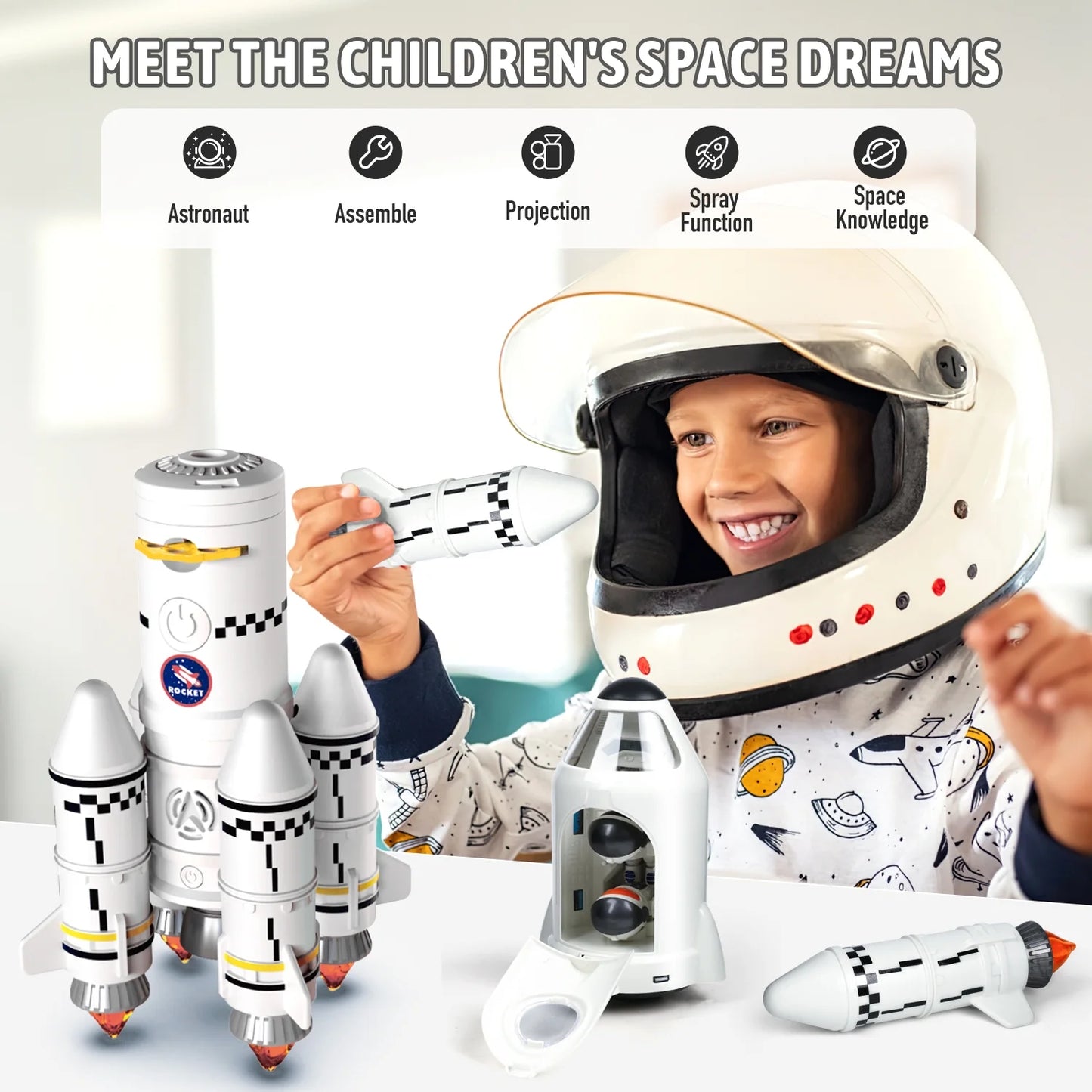 Space Toys, Rocket Ship Toys for Boy Kids 3 4 5 6 7 8 Years, 5-in-1 STEM Science Kit Toys for Boy Ages 3-5, Birthday Christmas Gift for Toddlers Boys, Projection Lamp, Astronaut Toys Model