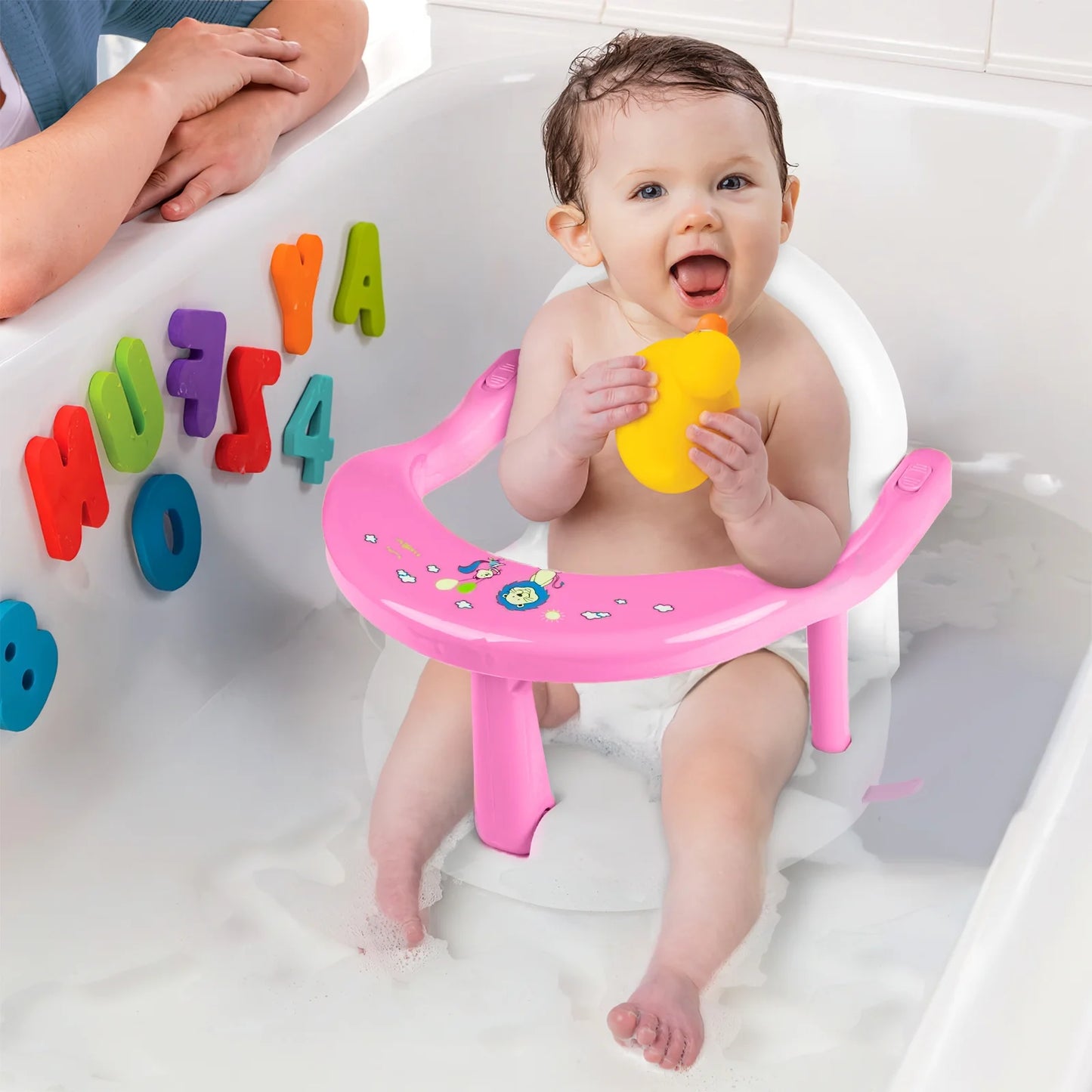 Bath Seat/Chair with Non-Slip Mat Pink and White, Foldable Bath Tub Chair with Suction Cups, Gift for Toddlers 6 9 12 18 Months.