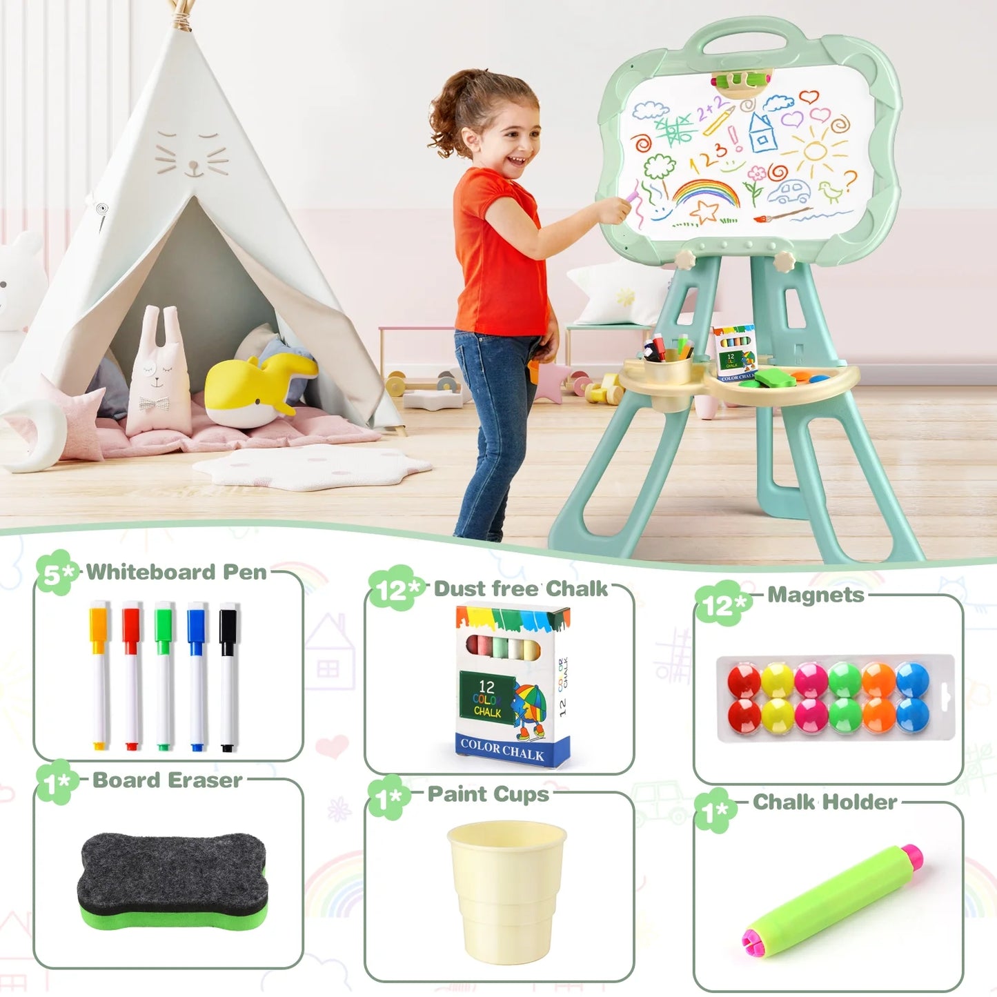 Standing Art Easel for kids, Double Sided Magnetic Whiteboard, Chalkboard, Painting Accessories, Green, Christmas Birthday Gift&Art Supplies for Toddler Boys and Girls Age 3-8