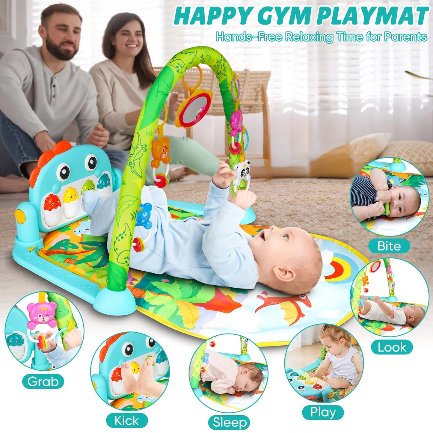 2-in-1 Baby Play Gym Mat with Dinosaur Theme for 0-3 Months+, Light-up Musical Foot Piano and Activity Mat for Early Learning, Christmas Birthday Newborn Baby Gifts for Boys Girls