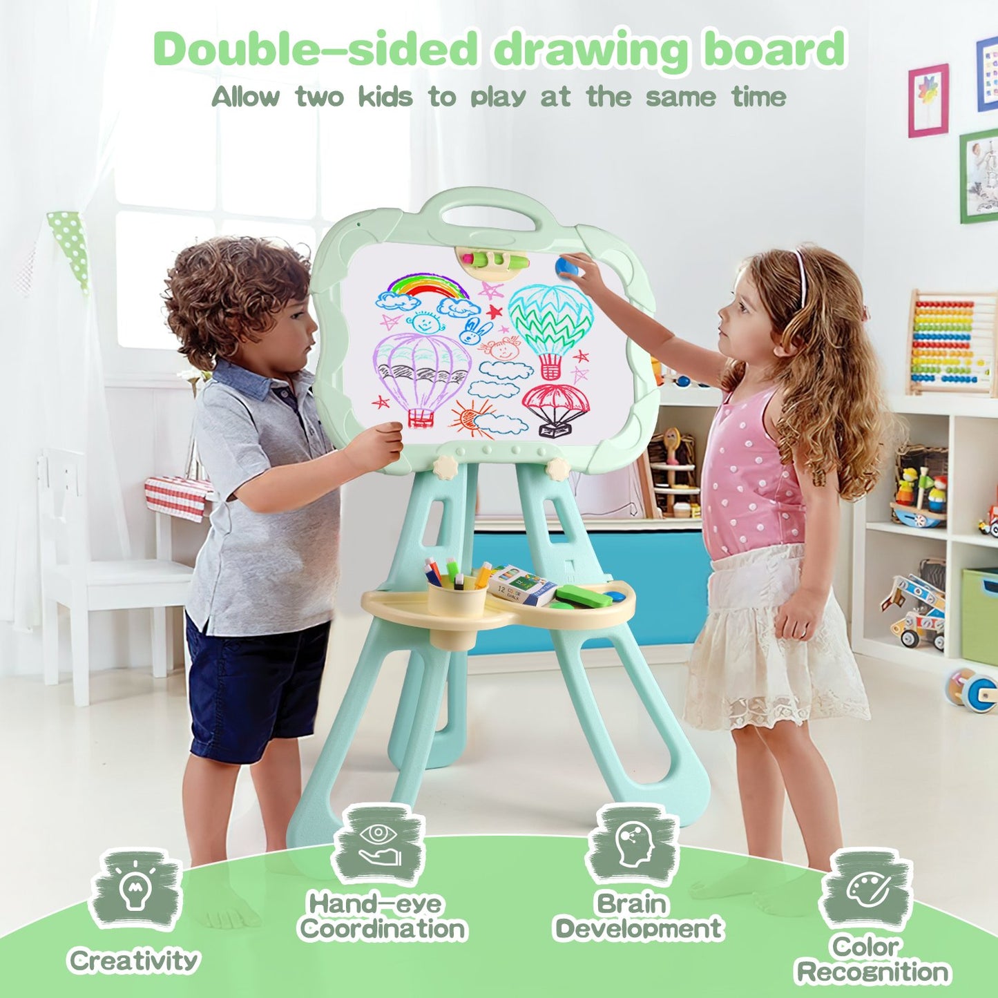 Standing Art Easel for kids, Double Sided Magnetic Whiteboard, Chalkboard, Painting Accessories, Green, Christmas Birthday Gift&Art Supplies for Toddler Boys and Girls Age 3-8