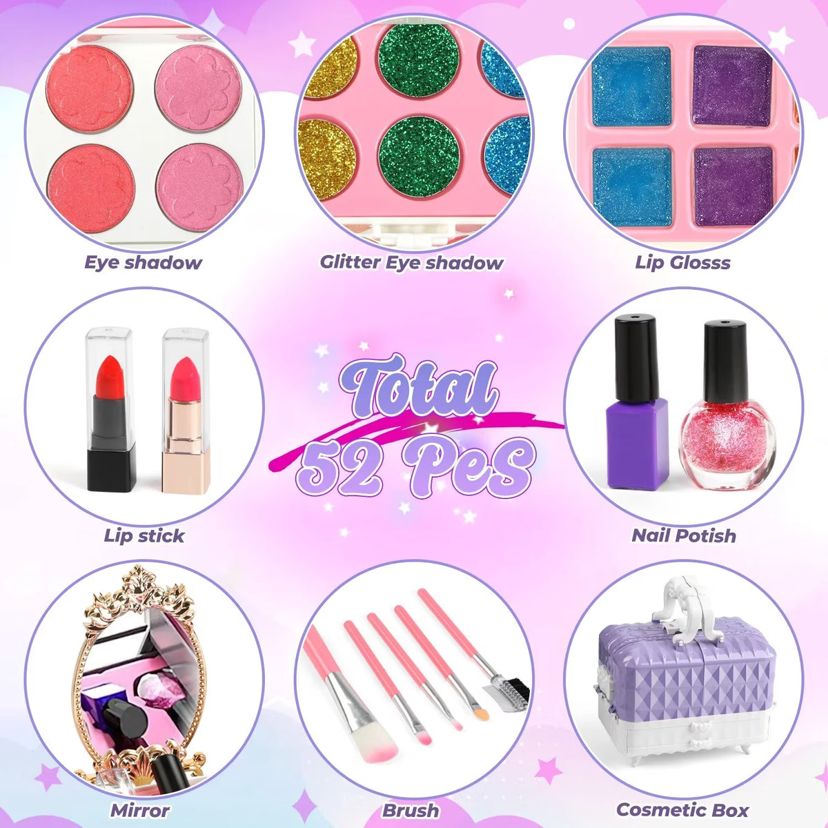 Kids Makeup Set for Girls, 54 PCS Washable Toys for Girl 3-6 Years, Lavender Purple Makeup Case for Little Girls, Christmas Birthday Gifts for Kids 3 4 5 6.