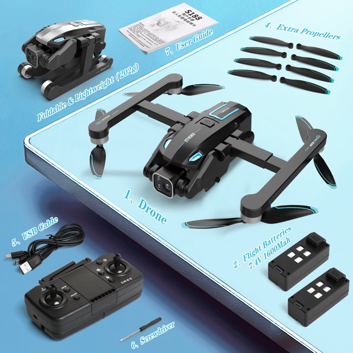 GPS Drones, S188 Foldable RC Drone with 4K HD Camera for Adults, Long Flying Time, Follow Me, 2 Batteries