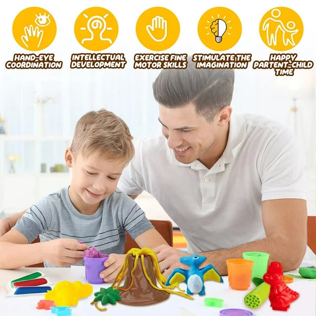 26 Pcs Dinosaur Color Play Dough Set with Case, Multiple Molds, Educational Toys for Hand-Eye Coordination, Kids Christmas Gifts Dinosaur Toys for 3 4 5 6+