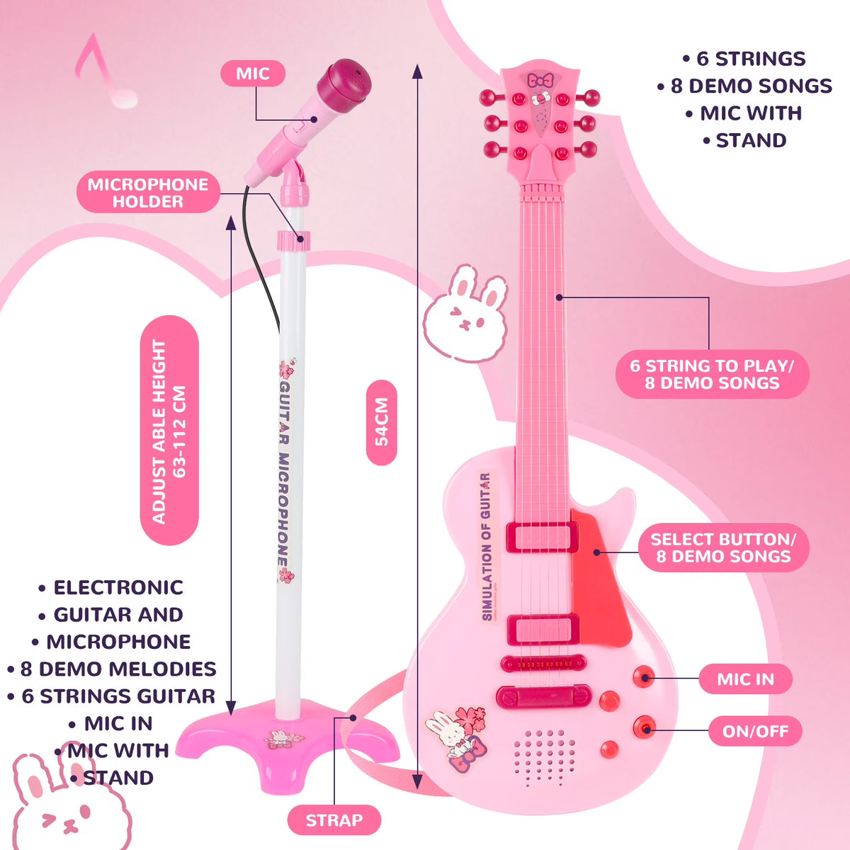Toddler Guitar, Pink Toy Guitar for Kids Ages 3 4 5 6 Years, with Microphone and Adjustable Stand, Musical Instrument Christmas &Birthday Gift for Girls.