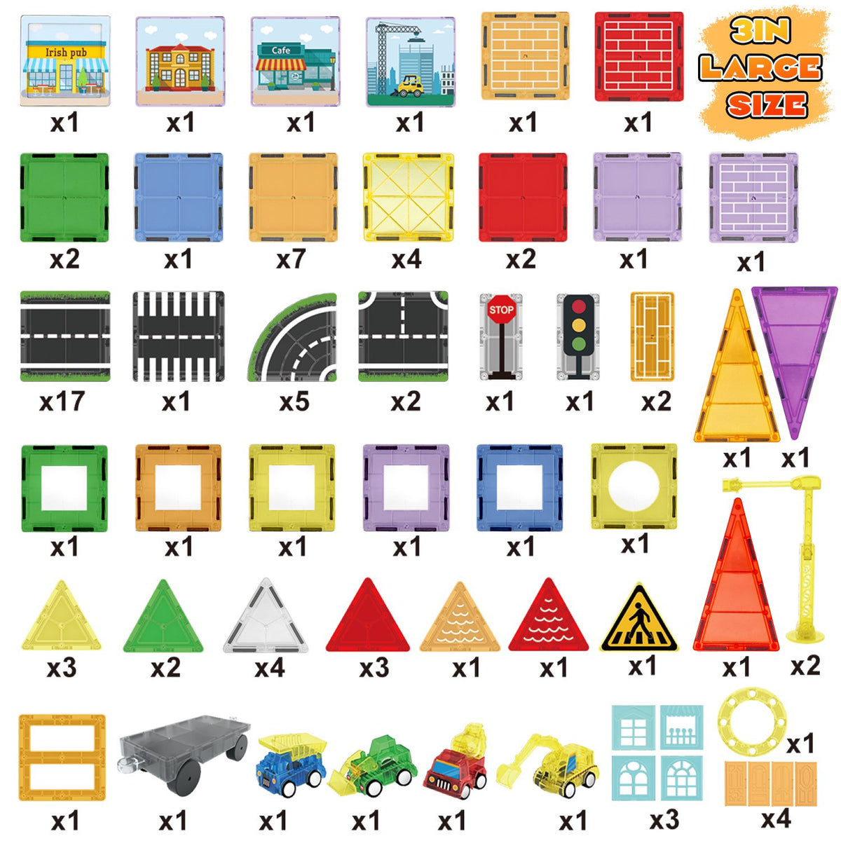 Magnetic Tiles 94PCS Large Size 75MM, Magnetic Building Blocks with Engineering Truck & Road Blocks, STEM Educational Toys for Kids Ages 3-6, Birthday Gifts for Boys Girls Toddlers.