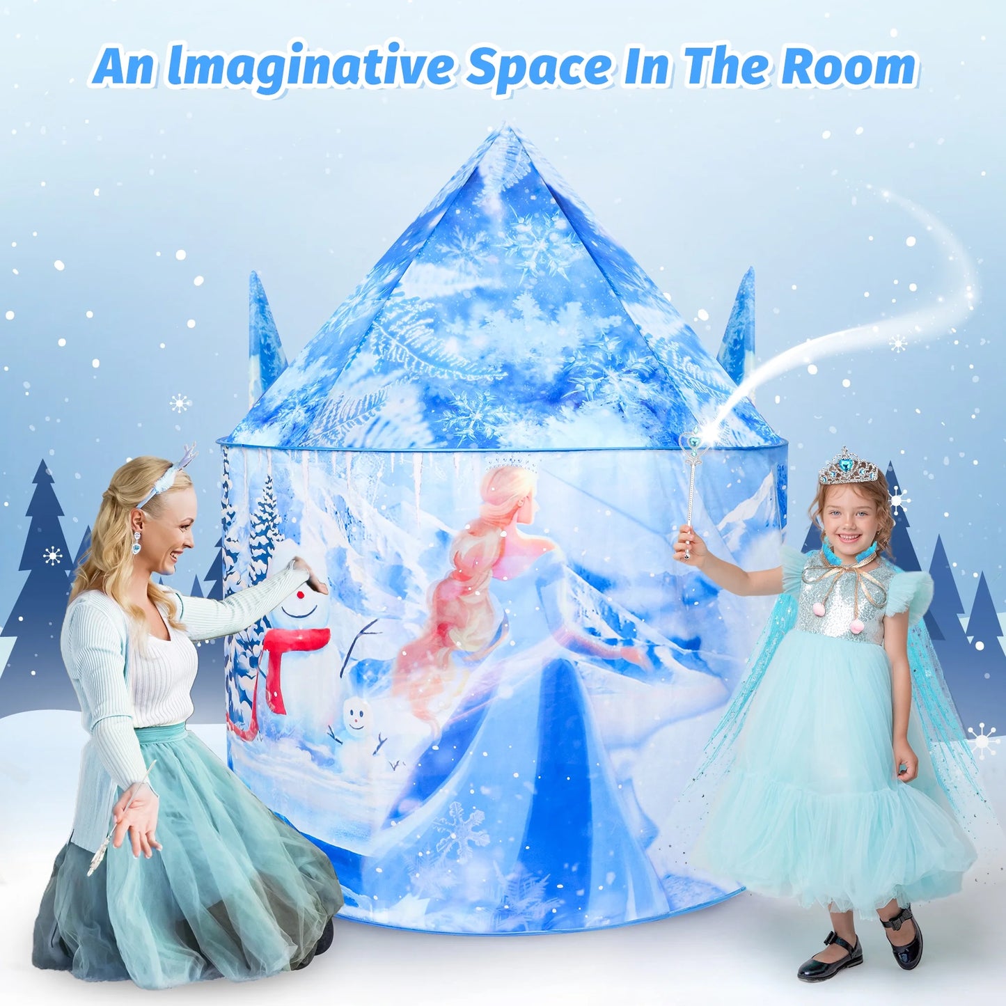 Play Tent for Girls, 53 inch Light up Frozen Ice Castle Playhouse w/ Windows &Doors, Girls Christmas Gift Toy for Indoor/Outdoor Use, Birthday Party Gift for Kids 3 4 5-7 8