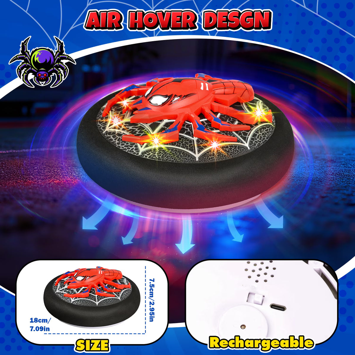 Hover Soccer Ball, LED Light, Spider Design, Toys for Boys 3 4 5 6 7 8 Years, Rechargeable Indoor/Outdoor Soccer Ball Toys, Christmas/Birthday Cool Gift for Boys 3-12 Years Old.