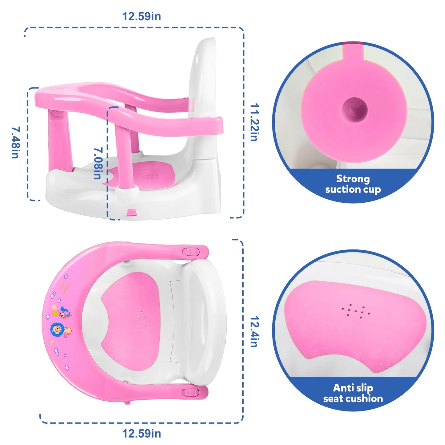 Bath Seat/Chair with Non-Slip Mat Pink and White, Foldable Bath Tub Chair with Suction Cups, Gift for Toddlers 6 9 12 18 Months.