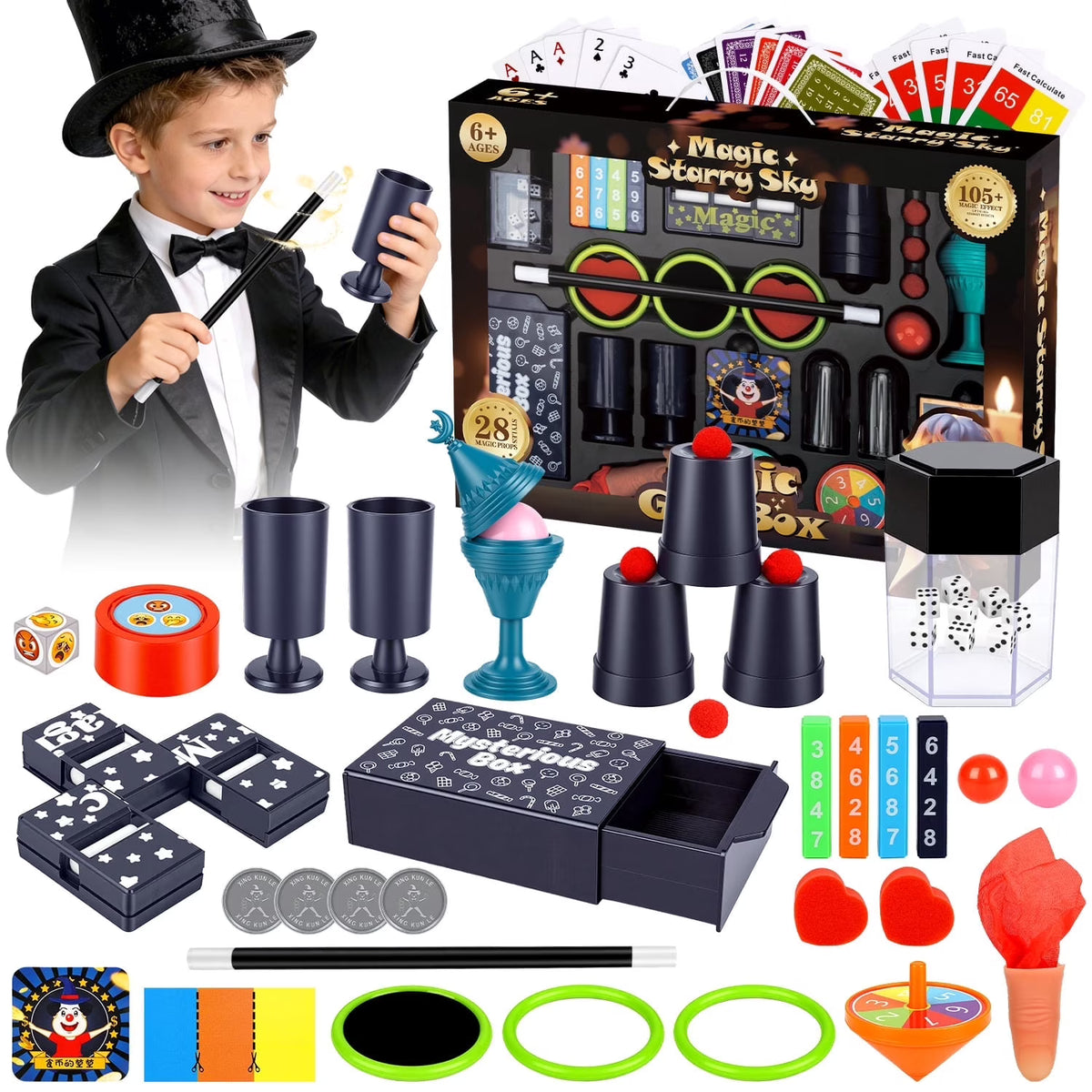 Magic Kit for Kids Age 6-8-10-12 Years Old, 105+ Magic Tricks for Kids, Video Tutorials, 28PCS Kids Magic Set, Christmas Birthday Gift for Boys Girls.