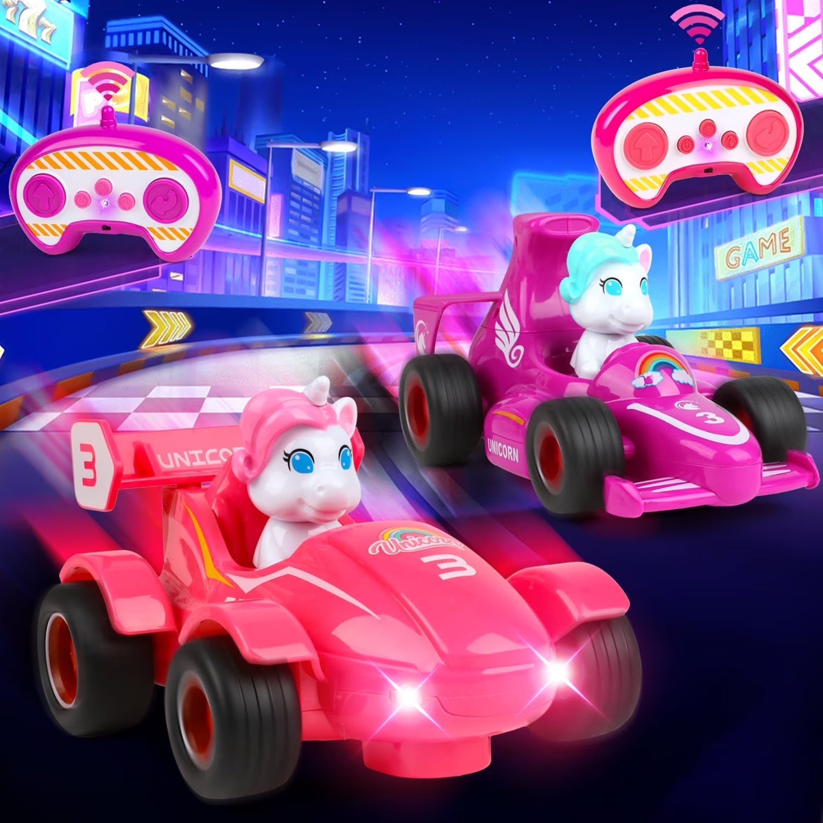 Toddlers Remote Control Car, 2-Pack 2.4GHz Remote Control Race Car with Lights & Music, Toddlers Christmas Birthday Gift for Girls 2-4 Years Old.(Pink & Purple)