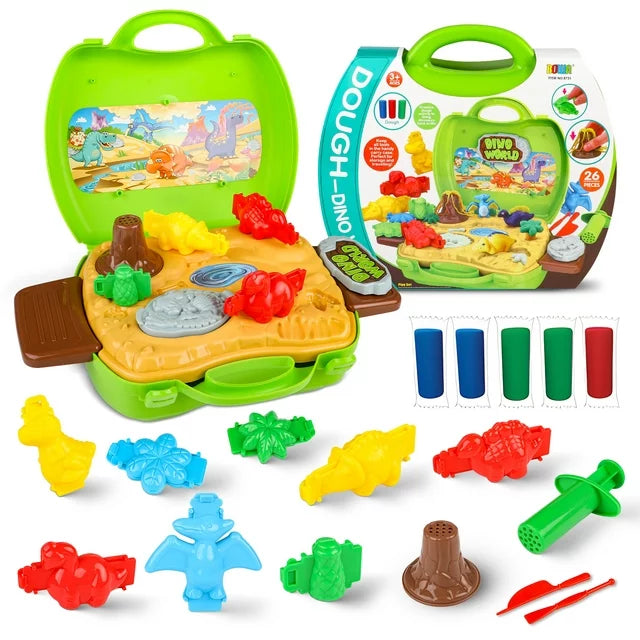 26 Pcs Dinosaur Color Play Dough Set with Case, Multiple Molds, Educational Toys for Hand-Eye Coordination, Kids Christmas Gifts Dinosaur Toys for 3 4 5 6+