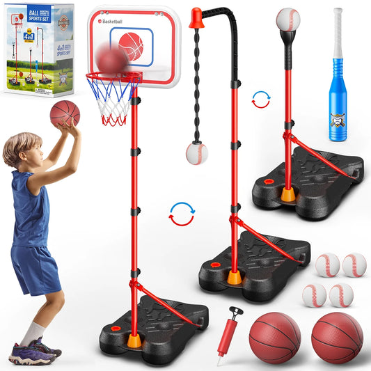 3-in-1 Toddler Basketball Hoop& Baseball& T-Ball Set for Toddlers 3 4 5 6 7 8+ Years Old, Toddler Outdoor& Indoor Toys, Kids Sports Set Gift for 3-12 Years Old Boys, Birthday